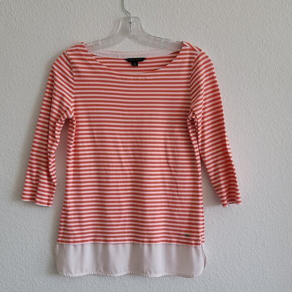 TOMMY HILFIGER Blouse Peplum Striped Mixed Media Size Small Orange & White - Picture 1 of 7